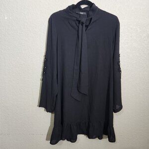 Black Tunic Dress With Pearl & Lace Sleeve Detail Ruffled Hem Bow Tie Neck Small